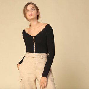 LINE AND DOT Black Ribbed Sweater w Pearl Buttons